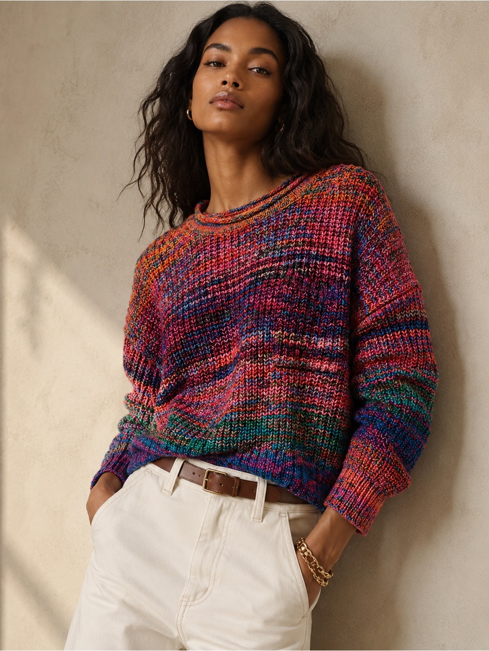GAP Marled Space Dye Chunky Knit Cropped Sweater Pink Blue Boho M
